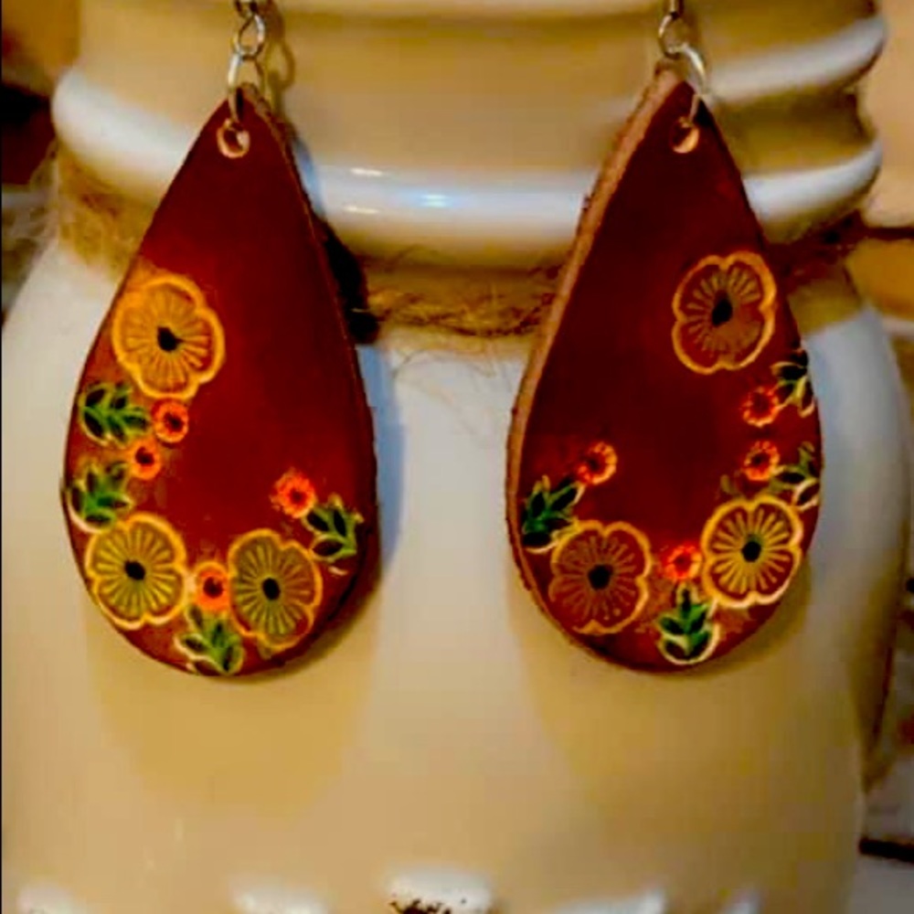 Custom made genuine leather hand tooled earrings